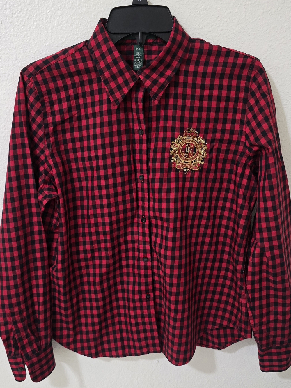 VNTG 90s Ralph Lauren Red & Black Plaid Long-Sleeve Button Shirt with Gold Crest